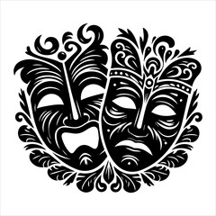 Black silhouette of theater comedy and tragedy mask  in white background