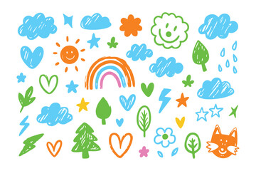 Childlike Weather Doodle Collection: Delightful hand-drawn doodles depict sunny skies, fluffy clouds, hearts and rainbows in a collection. Embodying whimsy and playful charm. 
