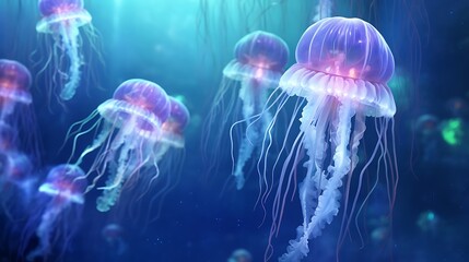 A dreamy world of floating jellyfish-like creatures glowing in rainbow colors, drifting across a sea of mist, surreal stars sparkling in the deep indigo sky.
