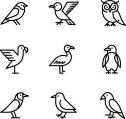 Diverse bird icons minimal line art vector