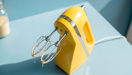 A yellow hand mixer with beaters covered in batter resting on a light blue surface in soft lighting