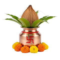 Copper kalash pot with coconut, mango leaves, marigold flowers and red Swastik for Indian puja and rituals