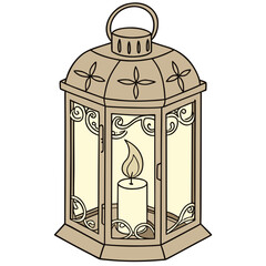A vintage lantern with a candle inside casting a warm glow with decorative metalwork and a top handle design
