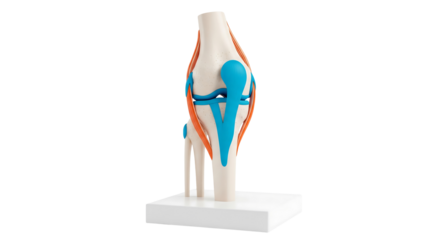 Anatomy of knee joint model, bone structure, ligaments, tendons, and cartilage for medical study and education isolated on transparent background
