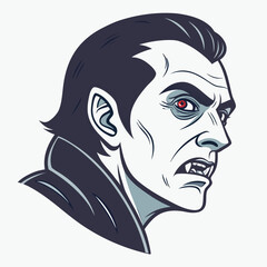 Illustration of a vampire with pale skin, dark hair, red eyes, and sharp fangs in a side profile view