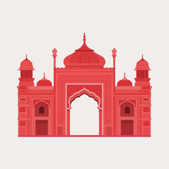 Ornate red indian palace facade with domes and minarets