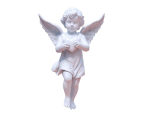 Sculpted angel figurine with wings and heart-shaped hands pose on transparent background, PNG