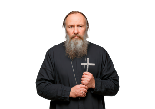 Mature male with beard holding cross on transparent background, PNG