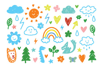 Whimsical World: A charming array of hand-drawn illustrations, featuring sunny skies, cheerful elements, and adorable creatures.