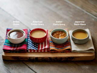 Four delicious bowls of soup presented on a wooden board