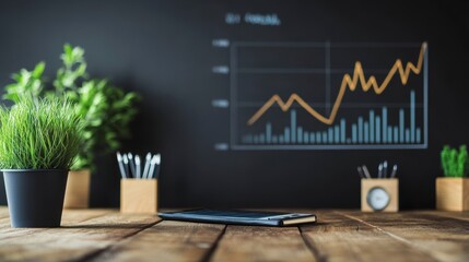 Modern office desk with phone, plants, and financial graph on blackboard.
