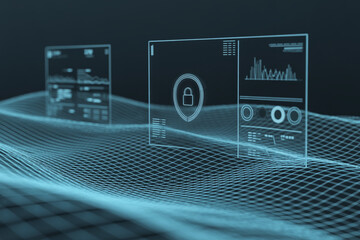 Futuristic holographic interface displaying data and charts over a glowing digital grid network