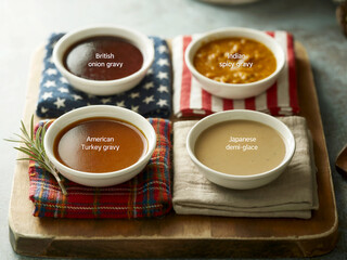 Four bowls of delicious dips and sauces on a wooden board