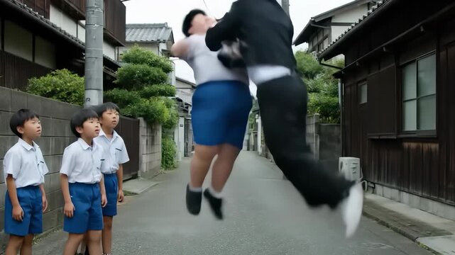 ガキ大将の少年がヤンキーを投げ飛ばして友達を助けるシーン