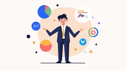 A confident businessman presents data visuals, showcasing analytical skills and strategy in a colorful, modern design.