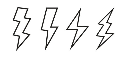 Lightning bolt icon set, Minimal thunderbolt outline symbols for energy and power