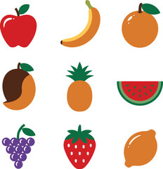 Red apple yellow banana orange fruit mango pineapple slice grapes strawberry lemon vector