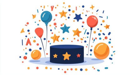 A festive scene with colorful balloons, stars, and confetti surrounding a magic hat, perfect for party themes.