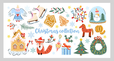 Christmas vector set with gingerbread house, fox, tree, wreath, cookies, skates, gifts, snow globe and cute festive elements. Hand drawn, colorful and cozy winter collection.