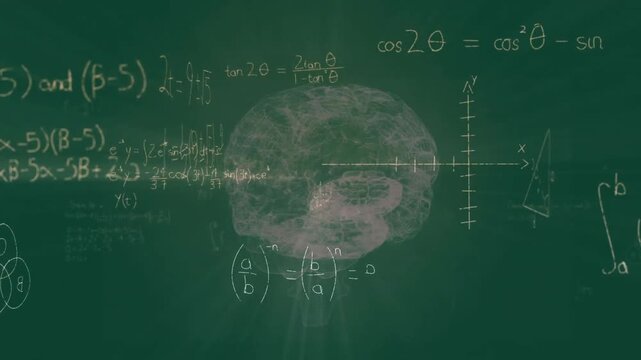 Mist drifting on chalkboard coalescing into rotating brain among formulas showing math concepts