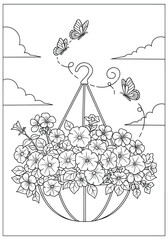 Hanging flower basket with butterflies and clouds – elegant line art floral illustration for coloring