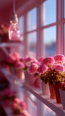 Pink flowers illuminated by warm sunlight on a window shelf, creating a cozy and serene indoor garden atmosphere.