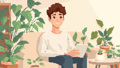 Pixel Art Portrait of a Man Relaxing Among Houseplants