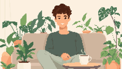 Pixel Art of Person Relaxing on Couch Surrounded by Plants
