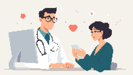 Pixel Art Doctor and Patient Consulting with Technology