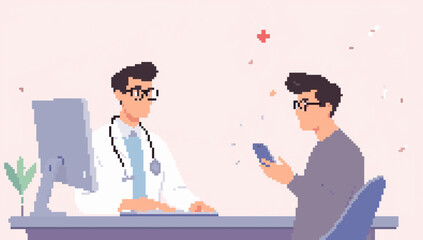 Pixel Art Doctor Consultation: Patient on Phone, Modern Healthcare
