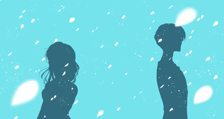 背中合わせの男女　上半身　花びら　余白　シルエット