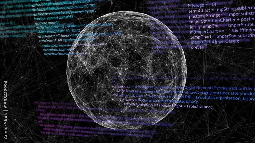 Aufkleber scene starting wireframe sphere rotating clockwise, revealing nodes and visualizing network