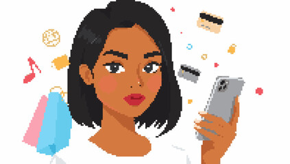 Online Shopping Pixel Art: Woman with Phone, Credit Cards