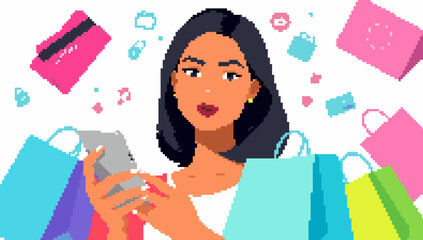 Pixelated Woman Shopping Online with Bags and Credit Card