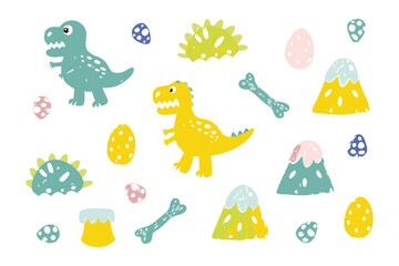 Fototapeta premium Prehistoric Playtime: Adorable hand-drawn illustrations bring a playful dinosaur scene to life. Vibrant colors and playful designs for children.