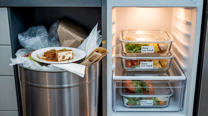 Organized fridge contrasted with a full trash can