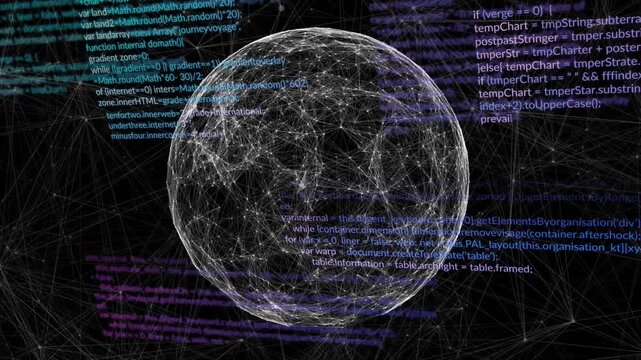 Scene starting wireframe sphere rotating clockwise, revealing nodes and visualizing network