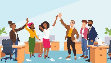 Pixelated Office Team Celebrating Success with High Fives