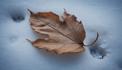 brown maple leaf resting on fresh snow
