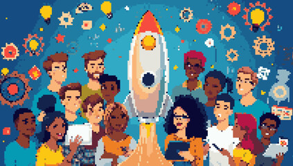 Pixel Art Startup Team Launching a Rocket to Success