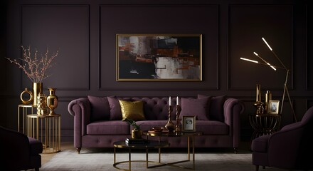 Dark Plum Living Room with Tufted Sofa, Metallic Decor, and Statement Lighting &ndash; Luxurious Modern Interior Design with Bold, Elegant Accents