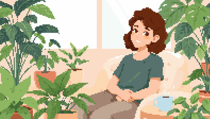 Pixel Art Girl Surrounded by Plants Relaxing on Couch