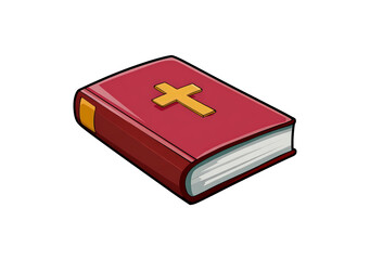 Red hardcover bible with gold cross illustration on transparent background, PNG