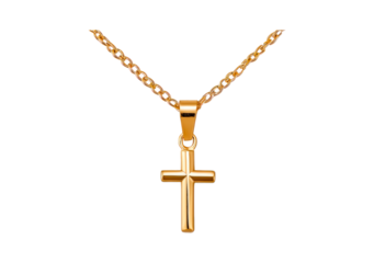 Elegant gold cross necklace with chain on transparent background, PNG