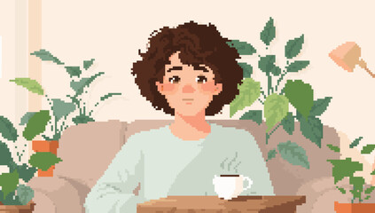 Pixel Art: Calm Scene with Plants, Person, and Coffee