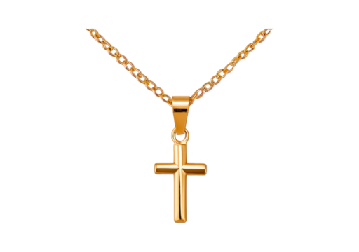Elegant gold cross necklace with chain on transparent background, PNG