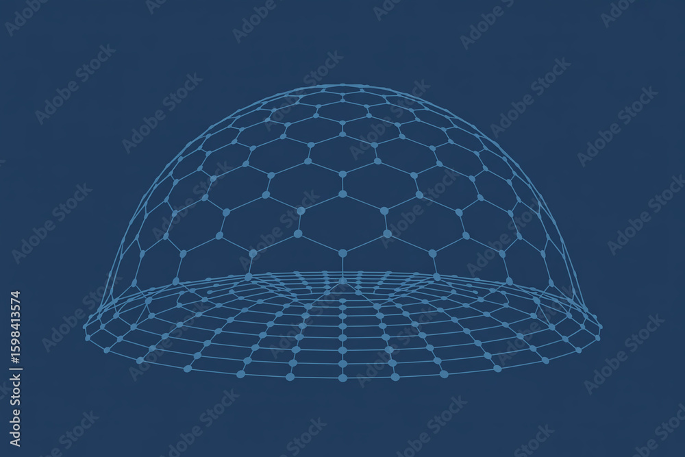 Fototapete Abstract geometric dome structure with hexagonal patterns and glowing blue lines on a dark background