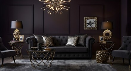 Dark Plum Living Room with Tufted Sofa, Metallic Decor, and Statement Lighting &ndash; Luxurious Modern Interior Design with Bold, Elegant Accents