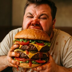 Man enjoys messy, giant double cheeseburger with intense craving