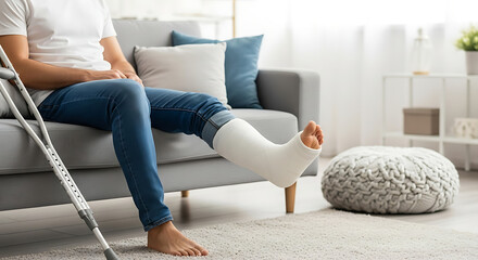 Man with Broken Leg in Cast Sitting on Sofa